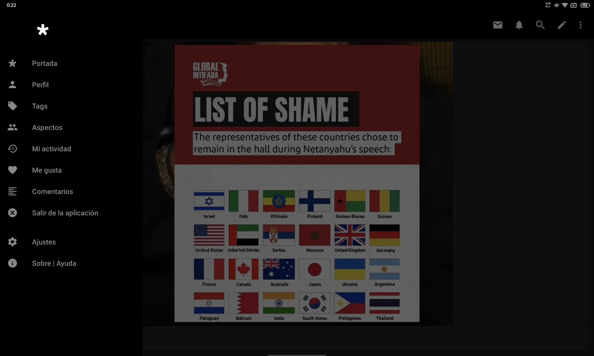 Captura de pantalla de la red social Diaspora, mediante cliente Dandelion.